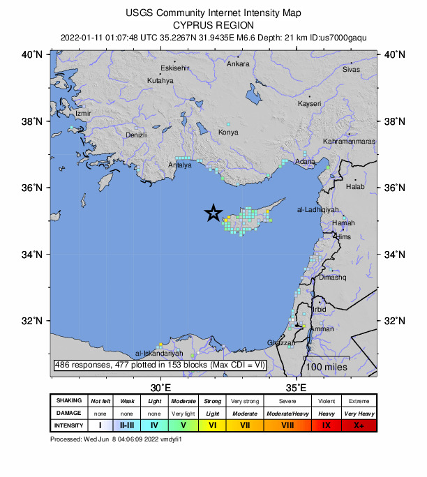 USGS DYFI community-reported intensity map for the M6.6 earthquake near 48 km WNW of Pólis, Cyprus