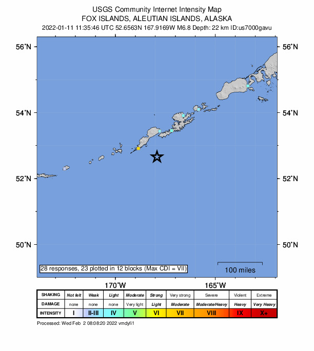USGS DYFI community-reported intensity map for the M6.8 earthquake near 100 km SE of Nikolski, Alaska