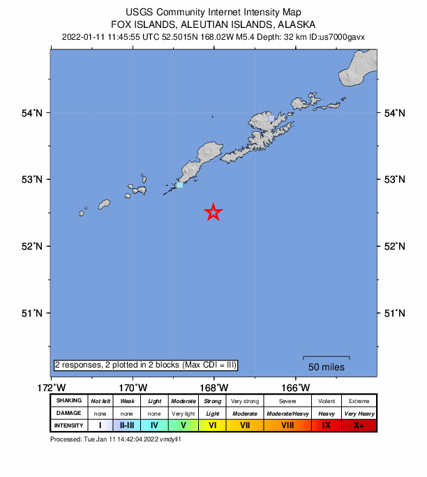 USGS DYFI community-reported intensity map for the M5.4 earthquake near 88 km SE of Nikolski, Alaska