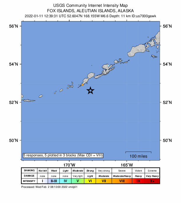 USGS DYFI community-reported intensity map for the M6.6 earthquake near 53 km SE of Nikolski, Alaska