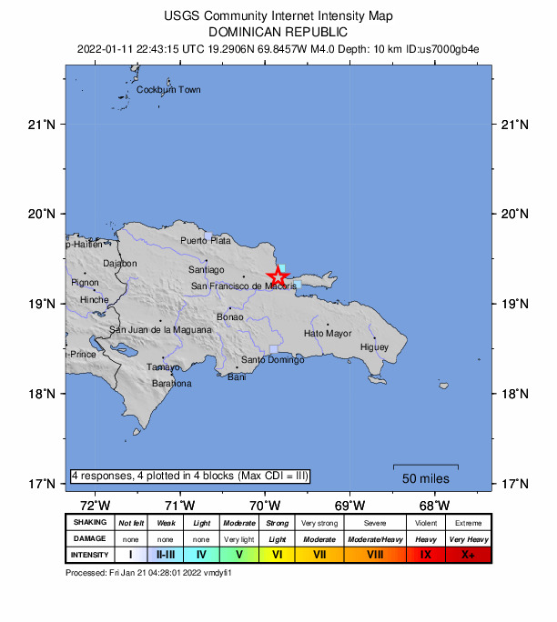 USGS DYFI community-reported intensity map for the M4.0 earthquake near 5 km SE of El Factor, Dominican Republic