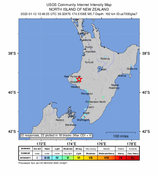 USGS DYFI community-reported intensity map for the M5.7 earthquake near 22 km ENE of Eltham, New Zealand