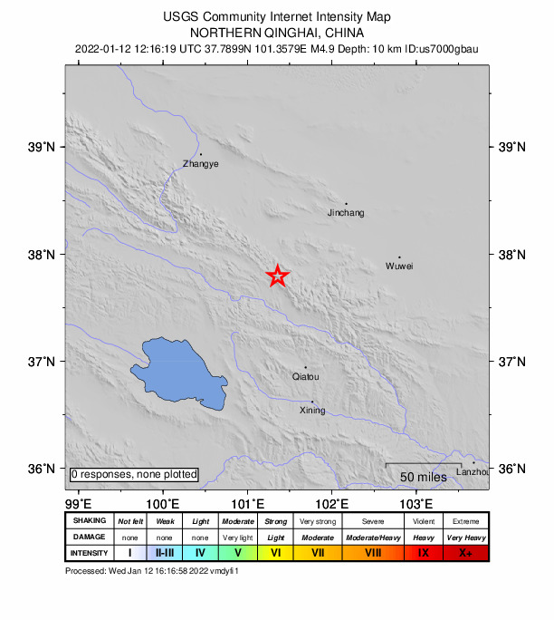 USGS DYFI community-reported intensity map for the M4.9 earthquake near 109 km SW of Jinchang, China
