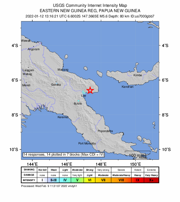 USGS DYFI community-reported intensity map for the M5.6 earthquake near 43 km ENE of Lae, Papua New Guinea