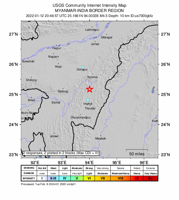 USGS DYFI community-reported intensity map for the M4.5 earthquake near 48 km NNE of Imph?l, India