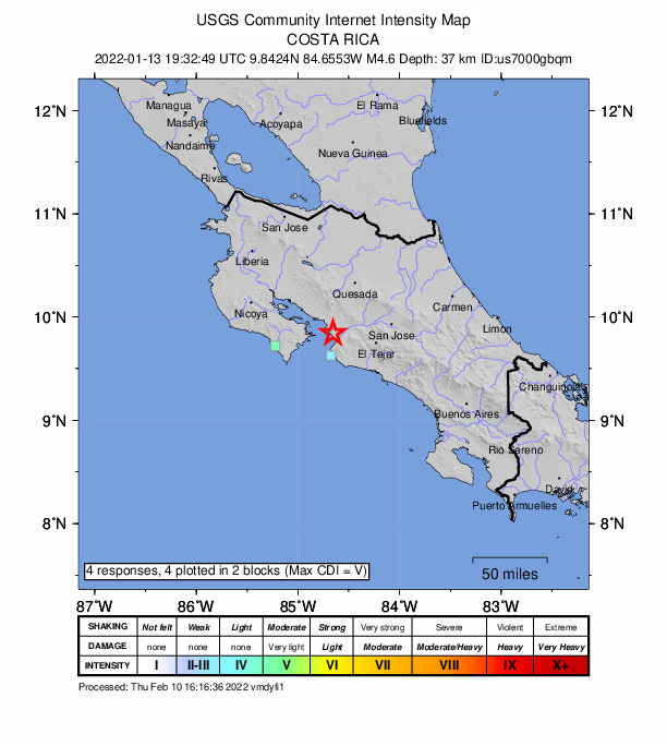 USGS DYFI community-reported intensity map for the M4.6 earthquake near 16 km WSW of Orotina, Costa Rica
