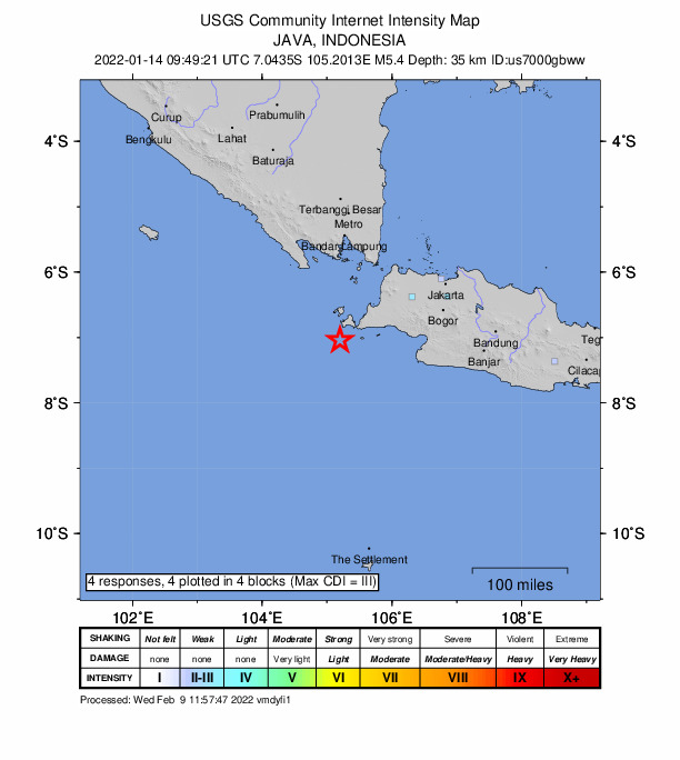 USGS DYFI community-reported intensity map for the M5.4 earthquake near 100 km SW of Labuan, Indonesia