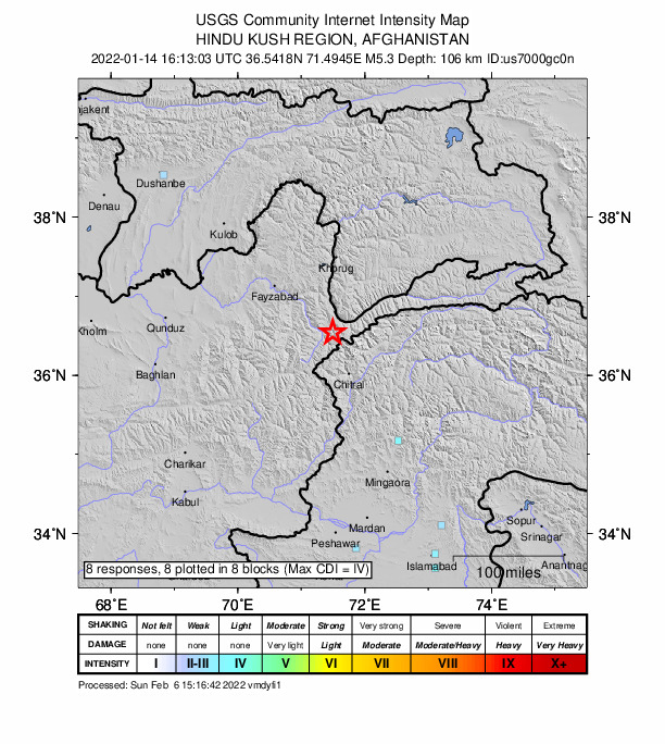 USGS DYFI community-reported intensity map for the M5.3 earthquake near 16 km SSW of Ashk?sham, Afghanistan