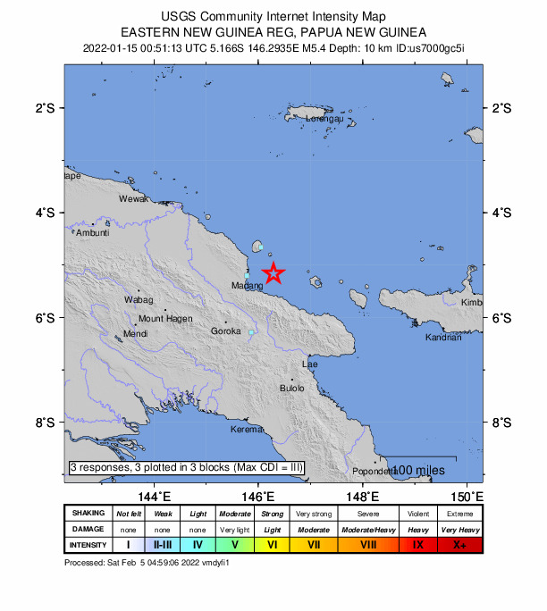 USGS DYFI community-reported intensity map for the M5.3 earthquake near 55 km E of Madang, Papua New Guinea