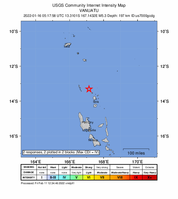 USGS DYFI community-reported intensity map for the M5.3 earthquake near 76 km NW of Sola, Vanuatu