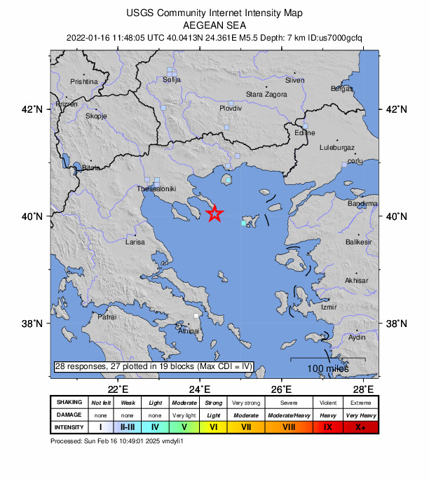 USGS DYFI community-reported intensity map for the M5.5 earthquake near 25 km SSE of Karyes, Greece