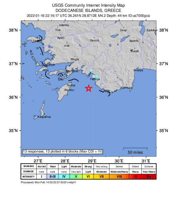 USGS DYFI community-reported intensity map for the M4.2 earthquake near 41 km SW of Ölüdeniz, Turkey