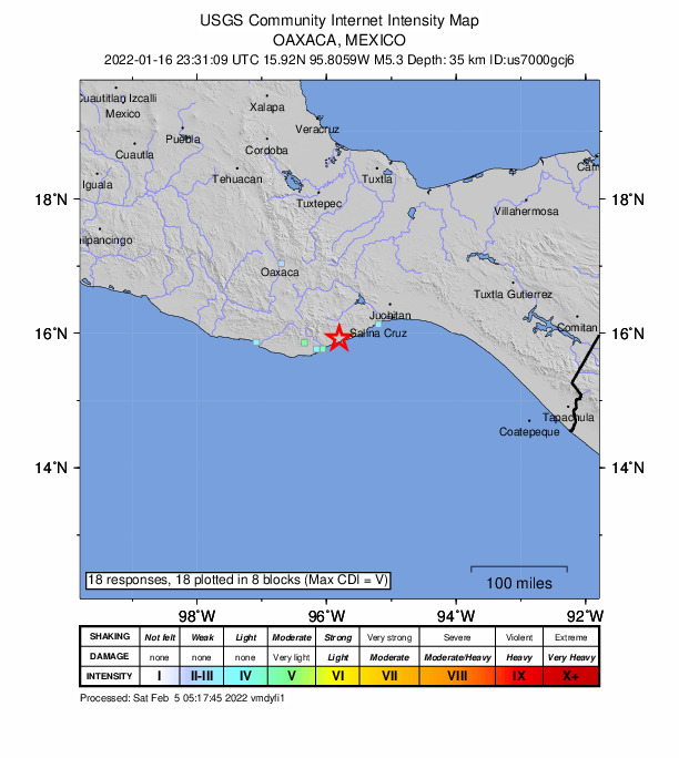 USGS DYFI community-reported intensity map for the M5.3 earthquake near 0 km NE of El Coyul, Mexico