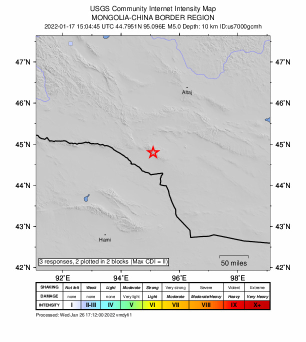 USGS DYFI community-reported intensity map for the M5.0 earthquake near 197 km SSW of Altai, Mongolia