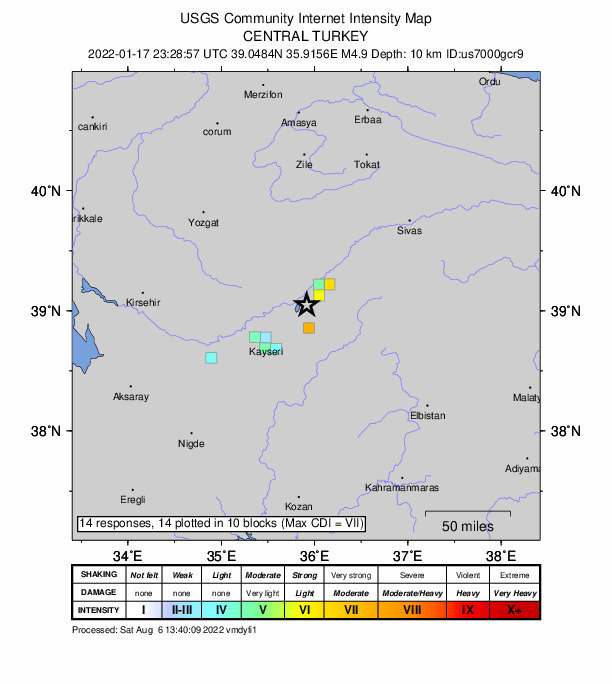 USGS DYFI community-reported intensity map for the M4.9 earthquake near 5 km SW of Sar?o?lan, Turkey