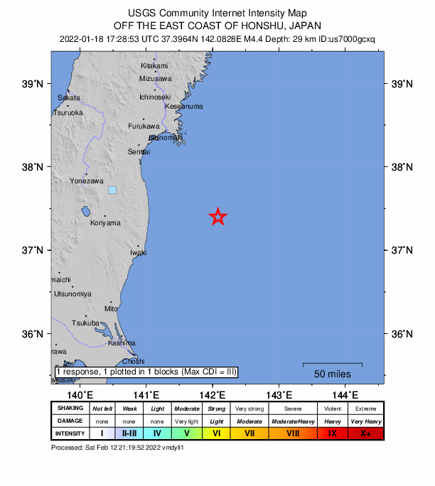 USGS DYFI community-reported intensity map for the M4.4 earthquake near 96 km E of Namie, Japan