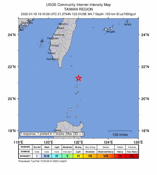 USGS DYFI community-reported intensity map for the M4.7 earthquake near 92 km N of Basco, Philippines