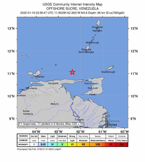 USGS DYFI community-reported intensity map for the M4.8 earthquake near 53 km N of Güiria, Venezuela