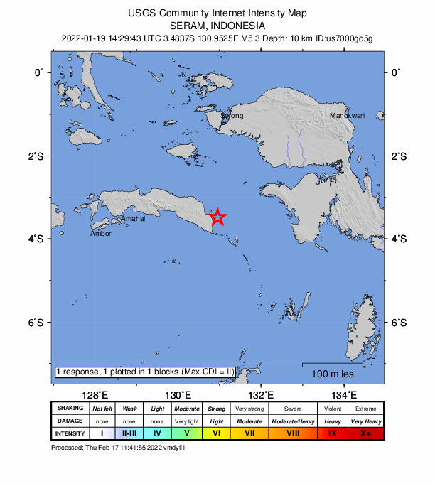 USGS DYFI community-reported intensity map for the M5.3 earthquake near Seram, Indonesia
