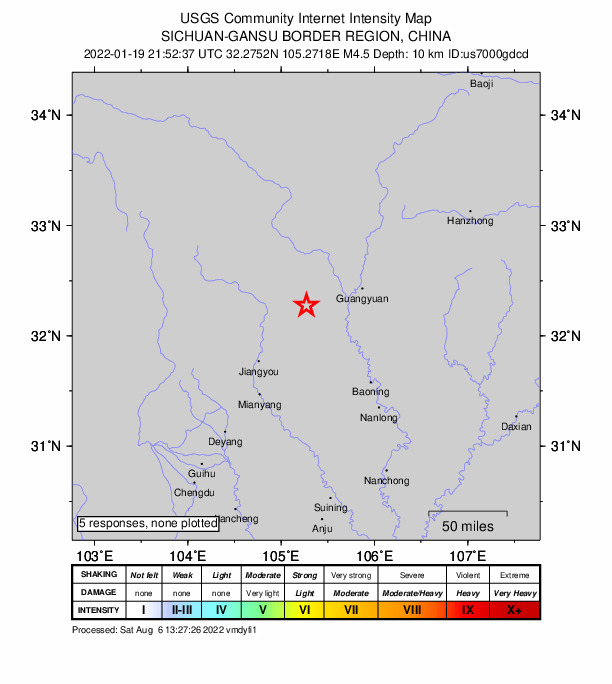 USGS DYFI community-reported intensity map for the M4.5 earthquake near 55 km WSW of Guangyuan, China