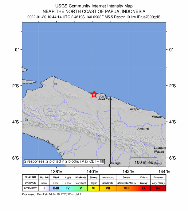USGS DYFI community-reported intensity map for the M5.5 earthquake near 67 km WNW of Abepura, Indonesia