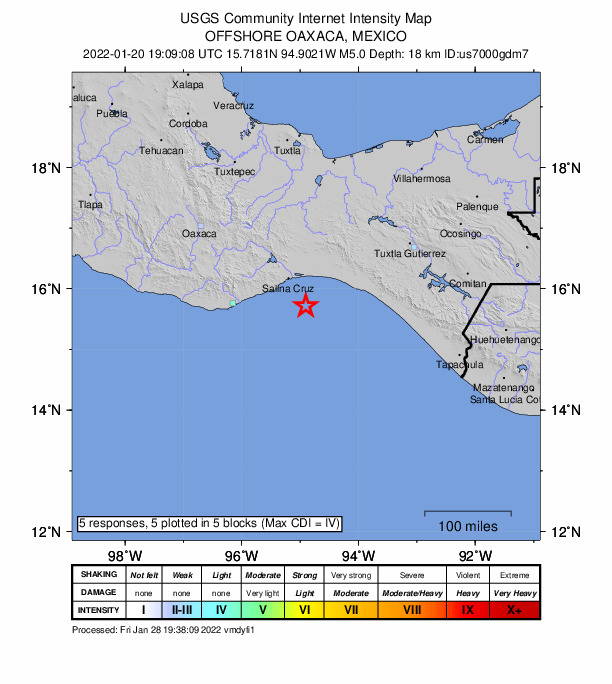 USGS DYFI community-reported intensity map for the M5.0 earthquake near 67 km SE of El Carrizal, Mexico