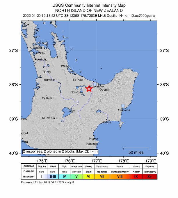 USGS DYFI community-reported intensity map for the M4.6 earthquake near 3 km SE of Kawerau, New Zealand