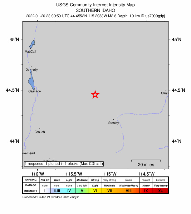 USGS DYFI community-reported intensity map for the M2.8 earthquake near 33 km NW of Stanley, Idaho