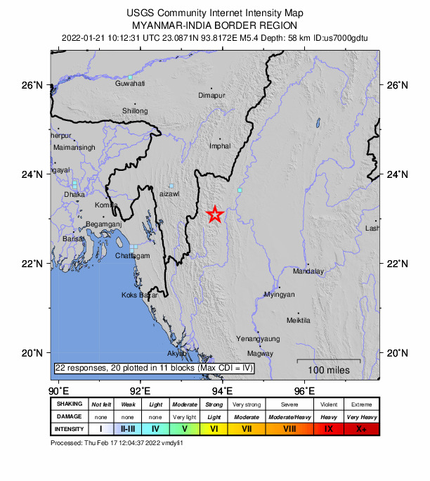 USGS DYFI community-reported intensity map for the M5.4 earthquake near 23 km NE of Falam, Myanmar