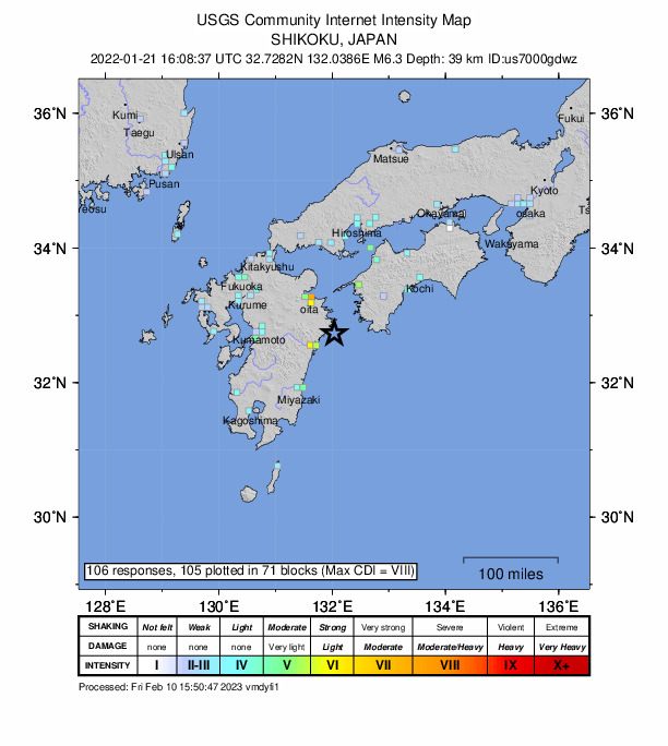 USGS DYFI community-reported intensity map for the M6.3 earthquake near 27 km SSE of Saiki, Japan