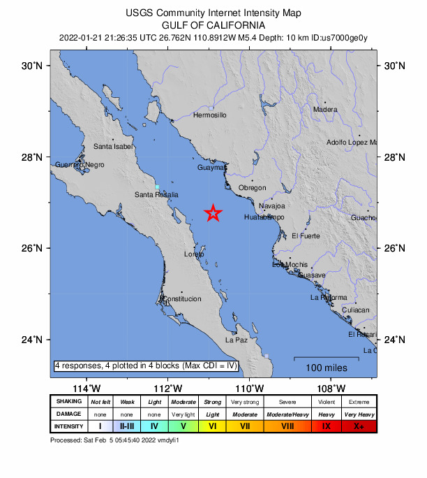 USGS DYFI community-reported intensity map for the M5.3 earthquake near 76 km SSW of Bahía de Lobos, Mexico
