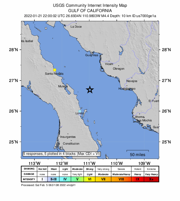 USGS DYFI community-reported intensity map for the M4.4 earthquake near 83 km NNE of Loreto, Mexico