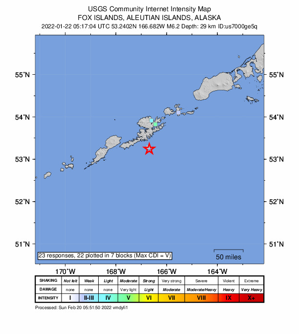 USGS DYFI community-reported intensity map for the M6.2 earthquake near 71 km S of Unalaska, Alaska