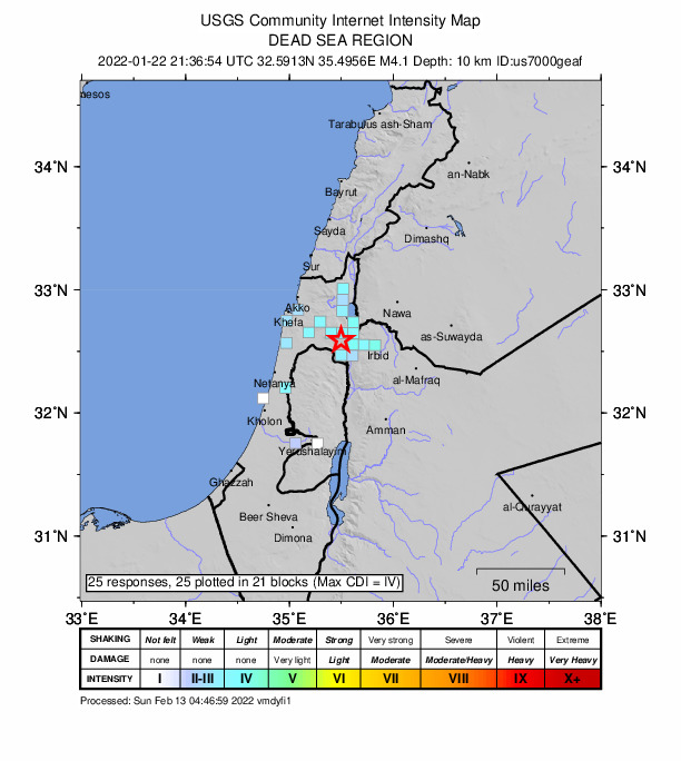 USGS DYFI community-reported intensity map for the M4.1 earthquake near 4 km E of Taiyiba, Israel