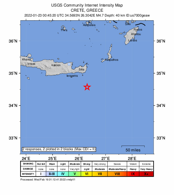 USGS DYFI community-reported intensity map for the M4.7 earthquake near 69 km S of Palekastro, Greece