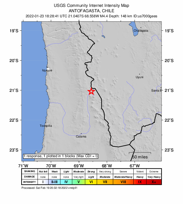 USGS DYFI community-reported intensity map for the M4.4 earthquake near 161 km NNE of Calama, Chile