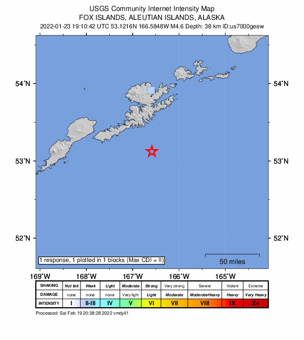 USGS DYFI community-reported intensity map for the M4.6 earthquake near 83 km S of Unalaska, Alaska