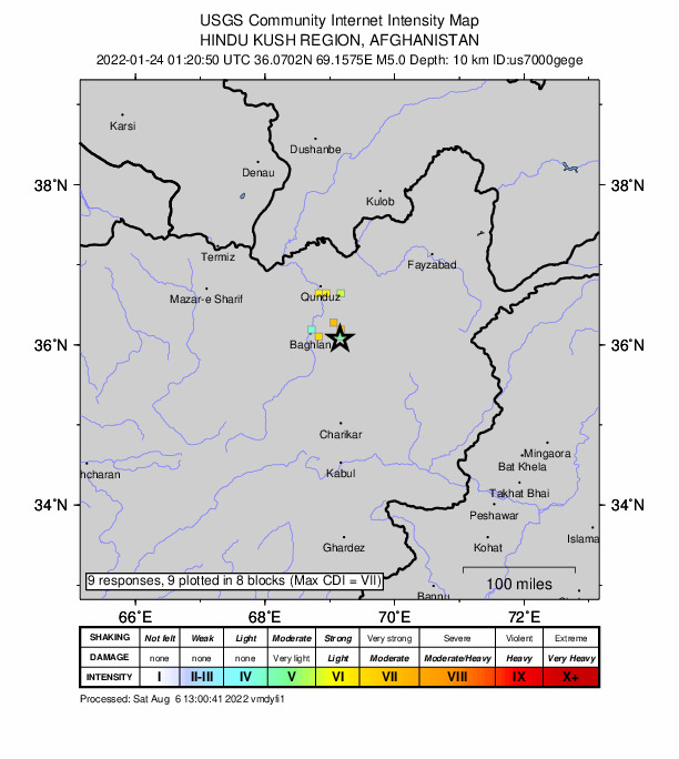 USGS DYFI community-reported intensity map for the M5.0 earthquake near 2 km ENE of Nahr?n, Afghanistan