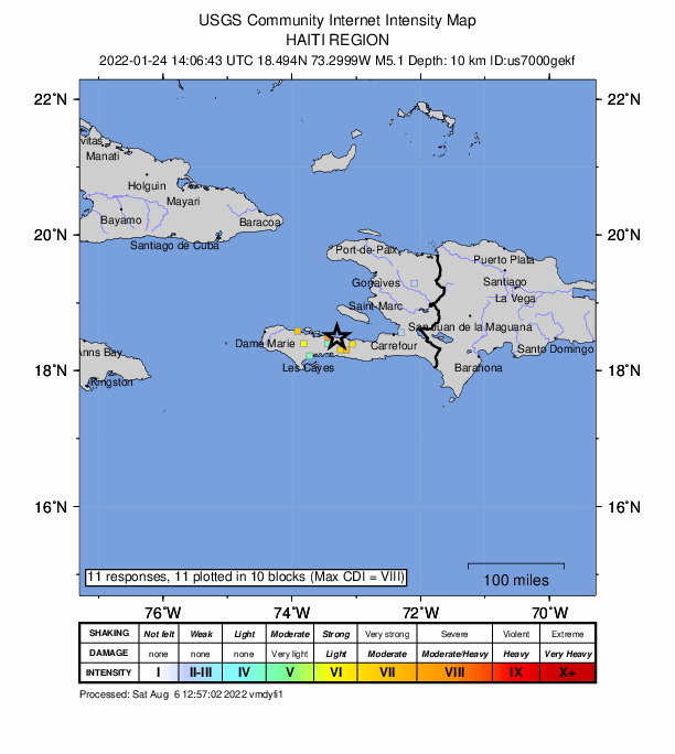 USGS DYFI community-reported intensity map for the M5.1 earthquake near 4 km E of Anse-à-Veau, Haiti