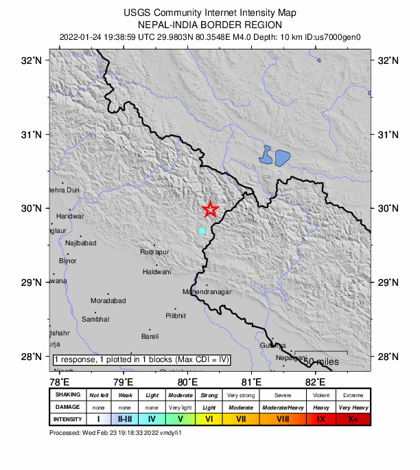 USGS DYFI community-reported intensity map for the M4.0 earthquake near 21 km NW of Dh?rchula, India