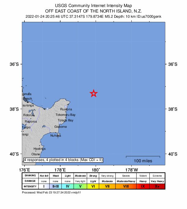 USGS DYFI community-reported intensity map for the M5.2 earthquake near 221 km NE of Gisborne, New Zealand