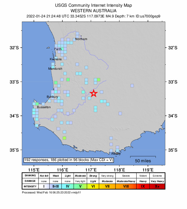 USGS DYFI community-reported intensity map for the M4.9 earthquake near 23 km W of Wagin, Australia
