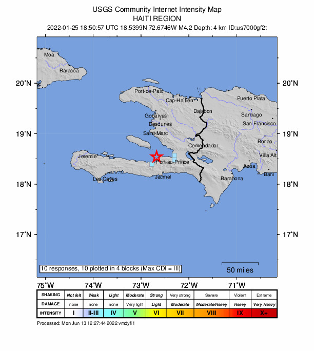 USGS DYFI community-reported intensity map for the M4.2 earthquake near 5 km NW of Léogâne, Haiti