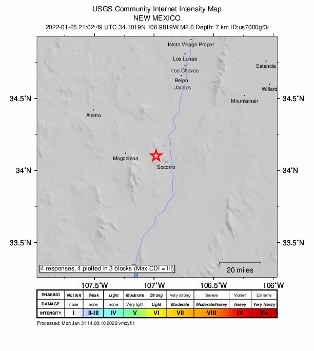 USGS DYFI community-reported intensity map for the M2.6 earthquake near 7 km W of Escondida, New Mexico
