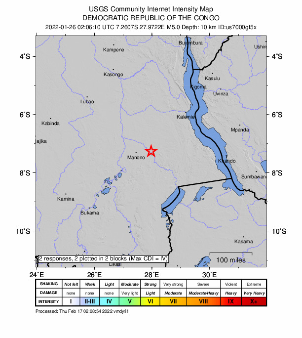 USGS DYFI community-reported intensity map for the M5.0 earthquake near 177 km SE of Kabalo, Democratic Republic of the Congo