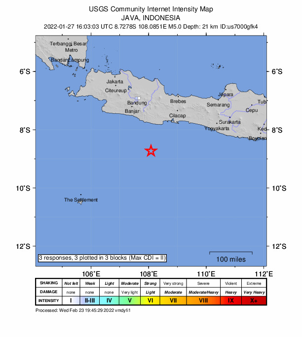 USGS DYFI community-reported intensity map for the M5.0 earthquake near Java, Indonesia