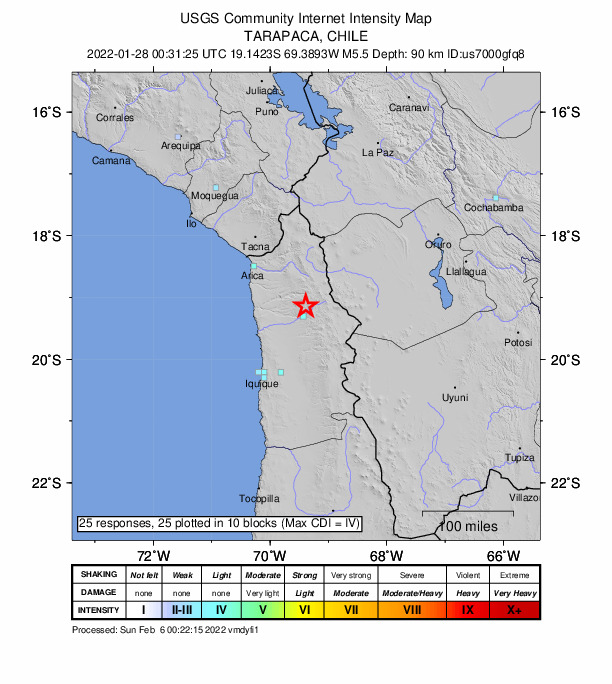 USGS DYFI community-reported intensity map for the M5.5 earthquake near 122 km SE of Arica, Chile