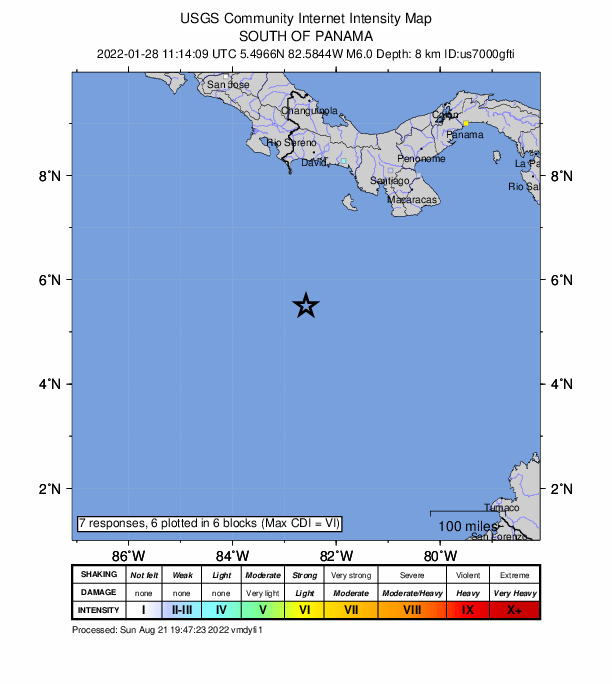 USGS DYFI community-reported intensity map for the M6.0 earthquake near 281 km SW of Arenas, Panama