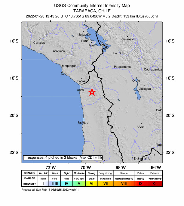 USGS DYFI community-reported intensity map for the M5.0 earthquake near 76 km ESE of Arica, Chile
