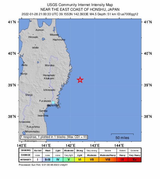 USGS DYFI community-reported intensity map for the M4.5 earthquake near 47 km ESE of Kamaishi, Japan